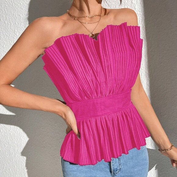 Pink Boho Womens Solid Pleated Tube Top - Picture 4 of 5